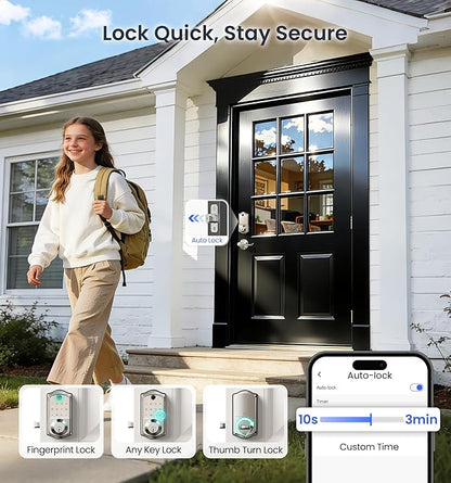 Veise VE017-L Fingerprint Smart Lock with Lever Handles, App Control, Keyless Entry Front Door Lock Set, Electronic Digital Keypad Deadbolt, Remote Grant, Emergency Power Port, Auto Lock, Satin Nickel