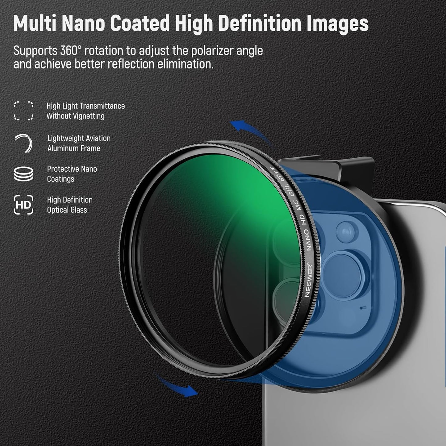 NEEWER CPL Filter for Phone, 67mm Camera Lens Polarizing Filter with Metal Cold Shoe Phone Clip Compatible with iPhone 16 15 Pro Max Plus 14 13 Pro Max Mini 12 11 X XS Max Samsung Galaxy, FL-27