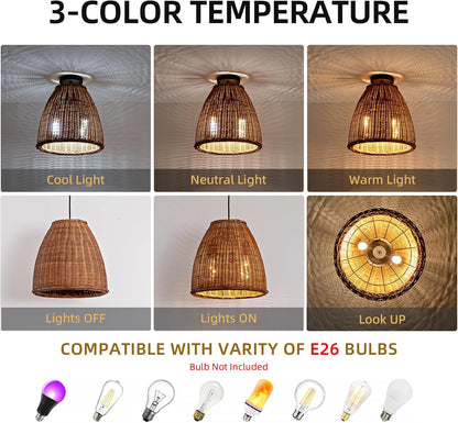 2-Light Dark Curry Rattan Pendant Light,13.77" Rustic Hanging Light,Brown Wicker Pendant Light Hand-Woven Rattan Chandelier for Public Place Dining Living Bedroom Kitchen Farmhouse