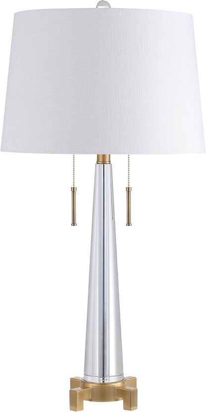 JONATHAN Y 29.5" Clear/Brass Gold 2-Light Crystal LED Table Lamp, Contemporary Glam Bedside Lamp for Living Room, White Linen Drum Shade, Pull Chain, LED Bulbs Included JYL2018A