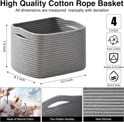 Small Storage Baskets for Shelves Organizing, Woven Cotton Rope Baskets for Storage, Book Basket, Decorative Shelf Basket, 12.5"Lx9.1''Wx7.9''H (4 Packs) Grey
