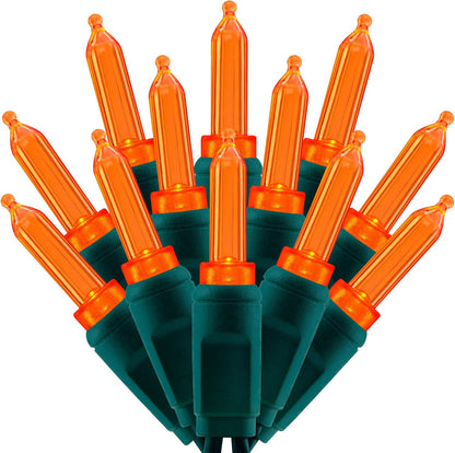 100 Orange One-Piece LED Christmas Lights, 33 ft Green Cord High Waterproof UL Certified T5 Outdoor String Lights (Orange)