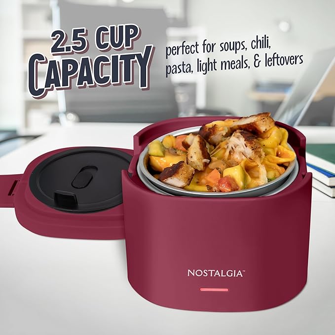 Nostalgia 20-Oz Heated Electric Lunch Box – Portable Food Warmer for Office, Travel, & Car - Perfect for Soup, Pasta, & Light Meals– Leak-Proof Lid, Foldable Handle, Detachable Cord – Cranberry