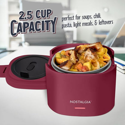 Nostalgia 20-Oz Heated Electric Lunch Box – Portable Food Warmer for Office, Travel, & Car - Perfect for Soup, Pasta, & Light Meals– Leak-Proof Lid, Foldable Handle, Detachable Cord – Cranberry