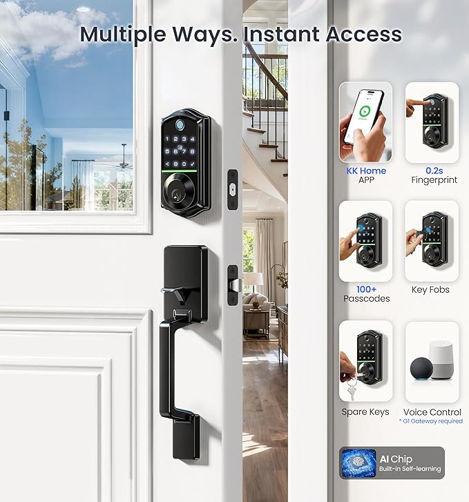 Veise VE017-D Smart Fingerprint Front Door Lock Set, App Control, 8-in-1 Keyless Entry Deadbolt with Lever Handle, Touchscreen Keypad, IP55 Weatherproof, Auto Lock, Easy Install, Matte Black