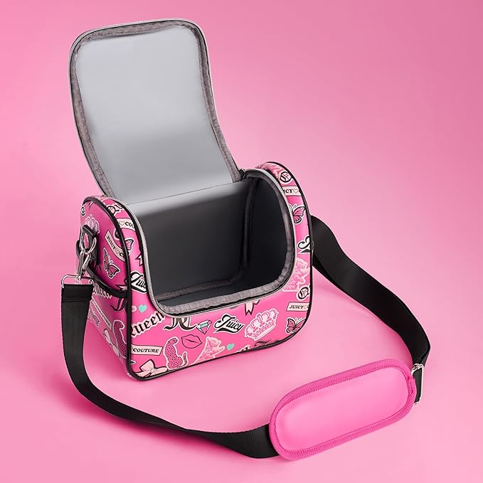 Juicy Couture Insulated Lunch Bag – Stylish Cooler Tote with Adjustable Crossbody Strap, Hot Pink Printed Stickers – Women's Lunch Box Bag for Work, School, Travel