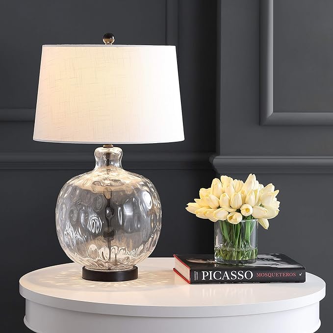 JONATHAN Y 26.5" Clear Glass and Black Metal LED Table Lamp, Transitional Farmhouse Bedside Nightstand Lamp with White Linen Shade, UL Listed, LED Bulb Included JYL1067A