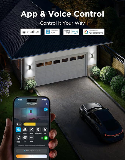 Govee Outdoor UpDown Wall Light, 2 Pack, 1200LM RGBICWW Smart Porch Lights Outdoor with 64 Scene Modes, IP66 Waterproof Wall Sconce for Outdoor Decor, Works with Alexa, Google Assistant and Matter