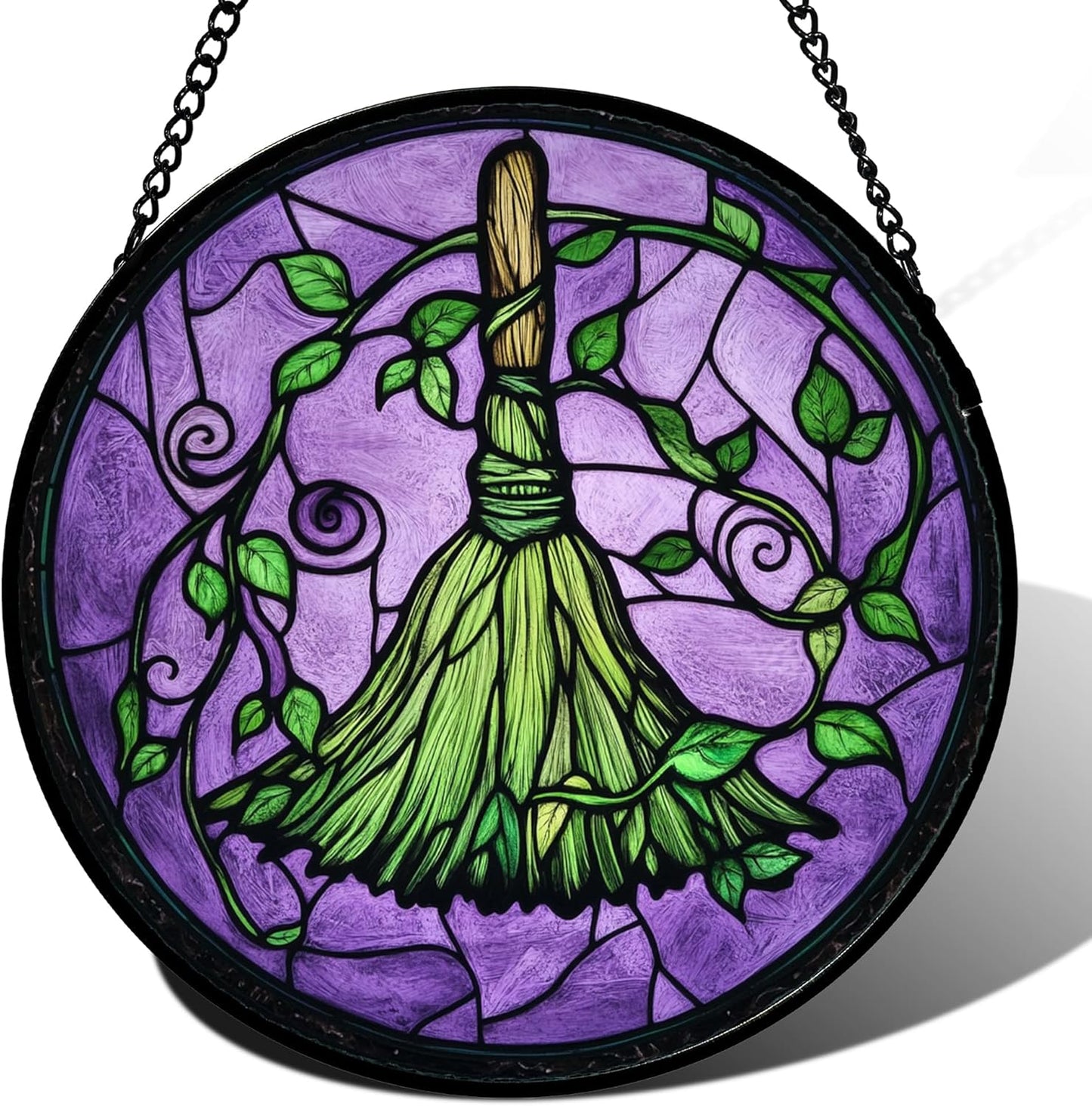 Stained Glass Window Hanging - Halloween Decorations Witch Magic Broom Suncatcher for Doors Garden Indoor Funny Spooky Sun Catchers Gothic Decor Horror Gifts for Women Men Friend 11.8 in