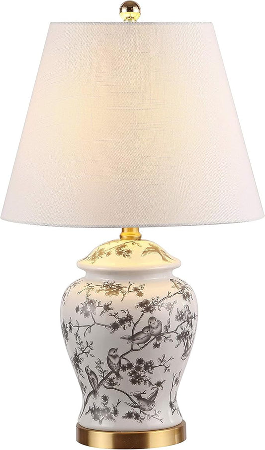 JONATHAN Y 22" Gray/White Ceramic Table Lamp, French Country Chinoiserie Ginger Jar LED Bedside Lamp for Living Room Bedroom, White Linen Shade (JYL3005C)