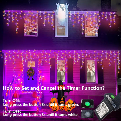 QITONG Orange and Purple Halloween Lights Outdoor, 33ft 400 LED Icicle Light Indoor Plug in, 8 Modes Connectable String Lights with 80 Drops