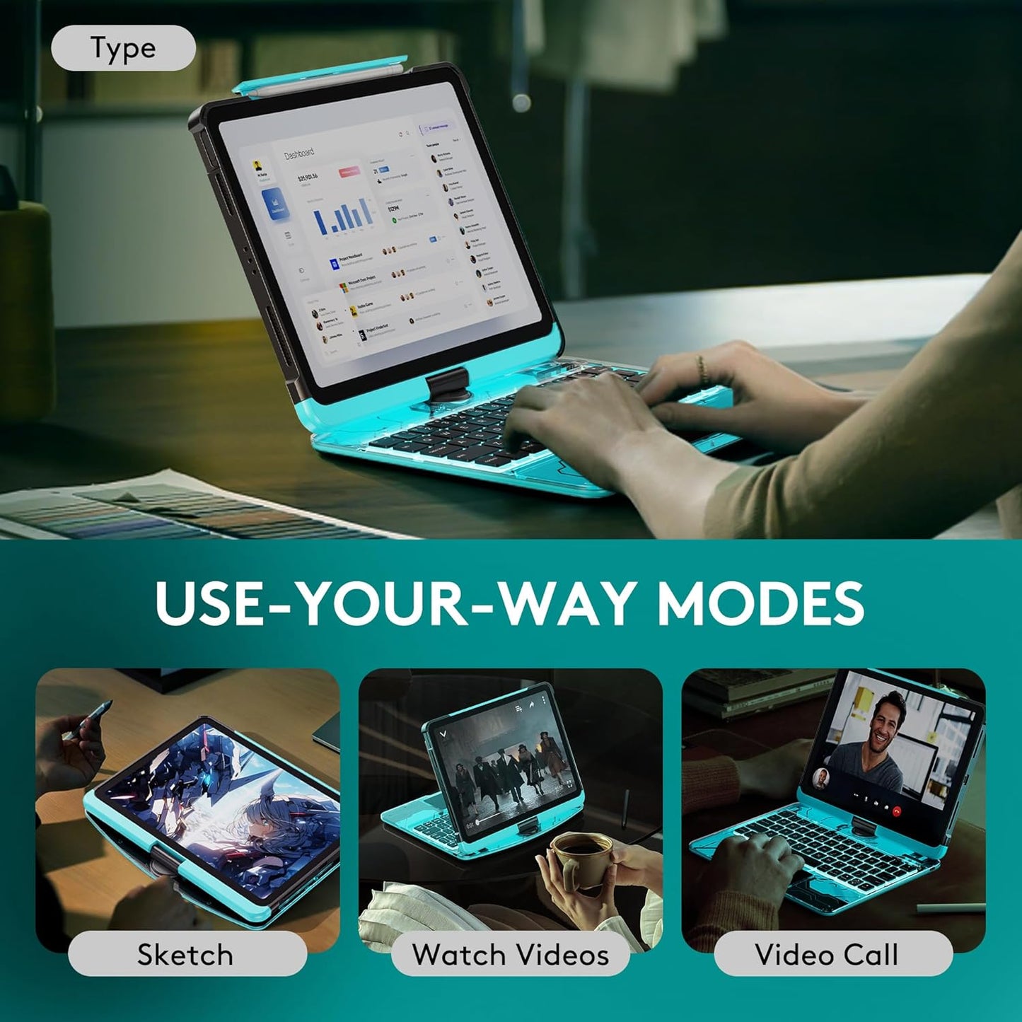 GUSGU for iPad Air 11 Inch (M3/M2,2025/2024) Transperant Case with Wireless Keyboard, 7 Color Backlight, Trackpad, 360°Rotating Stand for 10.9" iPad Air 5th/4th, 11" iPad Pro 4/3/2/1 Case, Cyberpunk