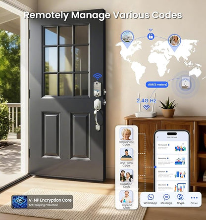 Veise VE017G-H Wi-Fi Smart Fingerprint Front Door Lock Set, Remote App Control, Keyless Entry Deadbolt with Handle, Backlit Keypad, IP55 Weatherproof, Auto Lock, Easy to Install, Satin Nickel