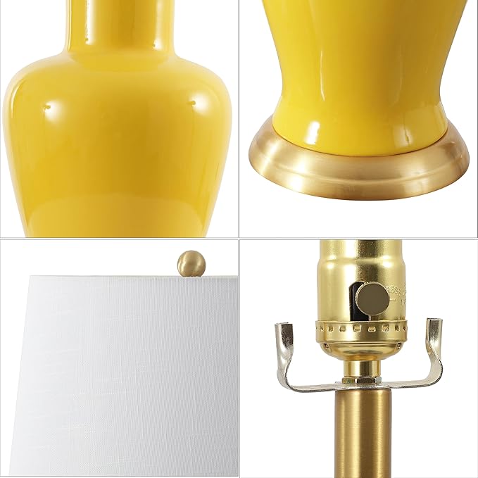 JONATHAN Y 29" Yellow Traditional Ceramic Urn LED Table Lamp for Bedroom Decor, White Linen Drum Shade, Classic Nightstand Lamp for Living Room, LED Bulb Included (JYL4026H)