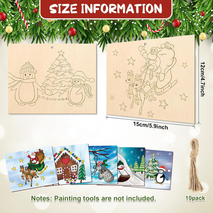 COCHIE 10 Pieces Large Christmas Unfinished Wood Crafts to Paint for Adults and Kids, Bulk Winter Predrilled Wooden Ornaments for Painting, Peppermint Candy House Paintable Wood Slices Craft Supplies