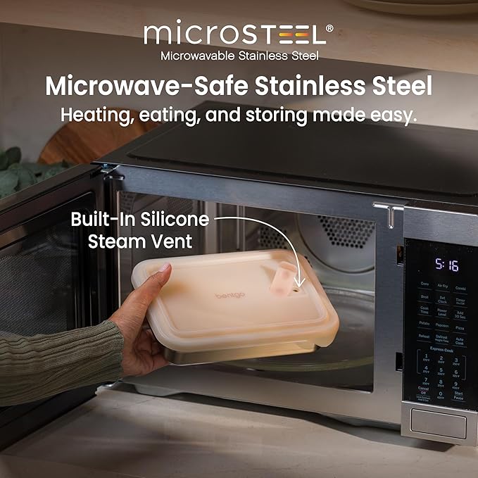 Bentgo MicroSteel Heat & Eat Container – Microwave-Safe, Leak-Proof & Airtight, Easy-to-Clean Lightweight Stainless Steel Reusable Food Storage with Silicone Lid (Dinner Size; 5.5-Cup Capacity; Gold)