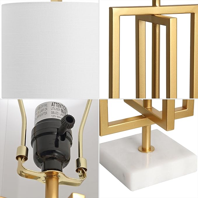 JONATHAN Y 20.25" Gold Contemporary Glam Metal and Marble Table Lamp, Modern Geometric Iron Desk Lamp for Bedroom Living Room, White Linen Shade, LED Bulb Included JYL1039A
