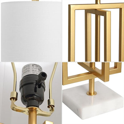 JONATHAN Y 20.25" Gold Contemporary Glam Metal and Marble Table Lamp, Modern Geometric Iron Desk Lamp for Bedroom Living Room, White Linen Shade, LED Bulb Included JYL1039A