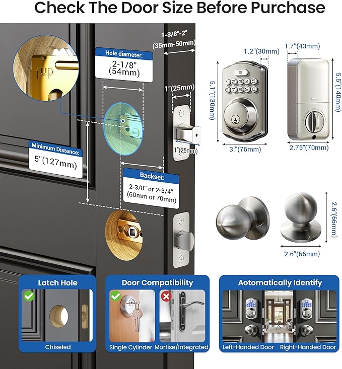 Veise Keyless Entry Door Lock with 2 Knobs, Electronic Backlit Keypad Deadbolt with Handle Set, Auto Lock, One-time Codes, Smart Deadbolt for Front Door, Easy Installation, Satin Nickel