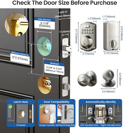 Veise Keyless Entry Door Lock with 2 Knobs, Electronic Backlit Keypad Deadbolt with Handle Set, Auto Lock, One-time Codes, Smart Deadbolt for Front Door, Easy Installation, Satin Nickel