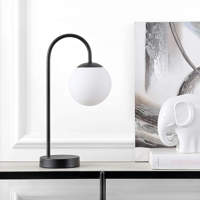 JONATHAN Y 18.25" Black Arco Arched Iron and Glass Globe LED Table Lamp, Minimalist Mid-Century Modern Desk Lamp for Living Room Bedroom, White Glass Shade, LED Bulb Included JYL6010A