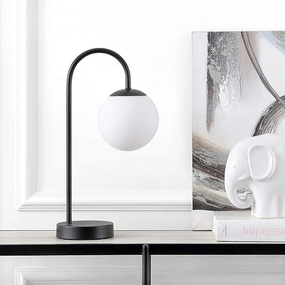 JONATHAN Y 18.25" Black Arco Arched Iron and Glass Globe LED Table Lamp, Minimalist Mid-Century Modern Desk Lamp for Living Room Bedroom, White Glass Shade, LED Bulb Included JYL6010A