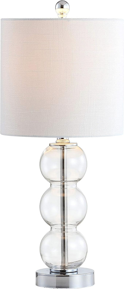 JONATHAN Y 21" Clear/Chrome Glass Table Lamp for Bedroom and Living Room, White Linen Shade, Modern Stacked Sphere Bedside Lamp, LED Bulb Included (JYL1021D)