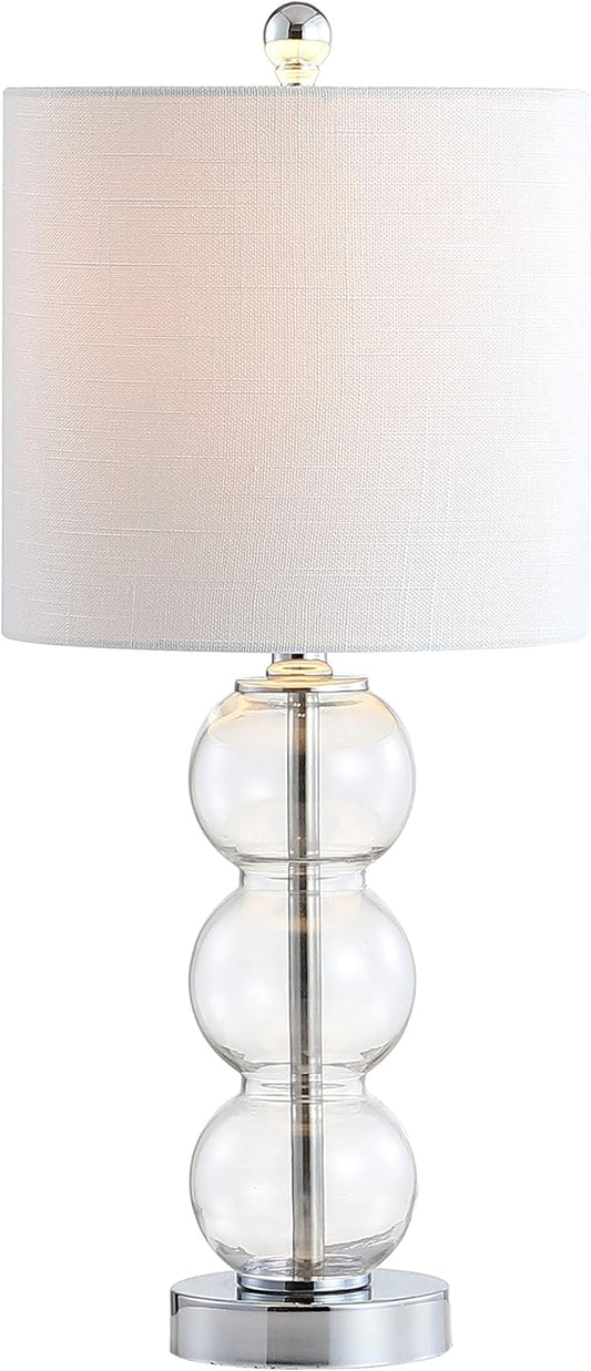 JONATHAN Y 21" Clear/Chrome Glass Table Lamp for Bedroom and Living Room, White Linen Shade, Modern Stacked Sphere Bedside Lamp, LED Bulb Included (JYL1021D)