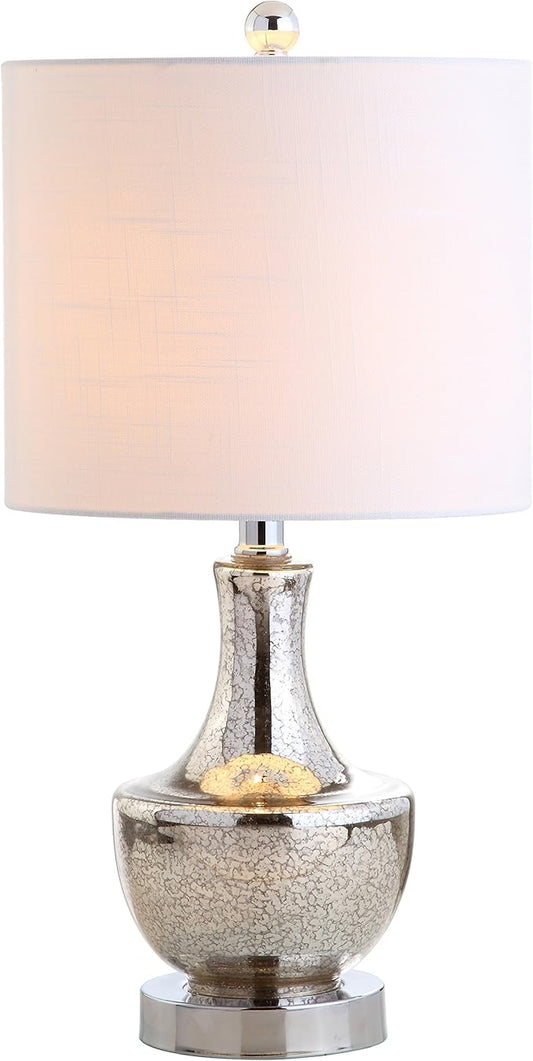 JONATHAN Y 20" Silver Glass Mini Table Lamp, Modern Bedside Lamp for Bedroom, White Linen Drum Shade, Teardrop Glass Base, LED Bulb Included, UL Listed (JYL1029B)