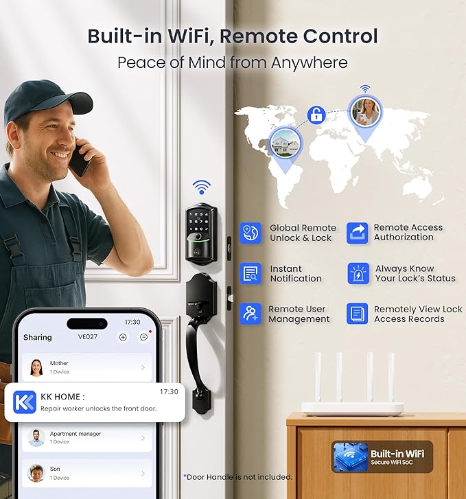 Veise VE027 Built-in Wi-Fi Smart Lock, Fingerprint Keyless Entry Front Door Lock, App Remote & Voice Control, No Hub Needed, Touchscreen Keypad Deadbolt, IP65 Waterproof, BHMA Grade 3, Matte Black