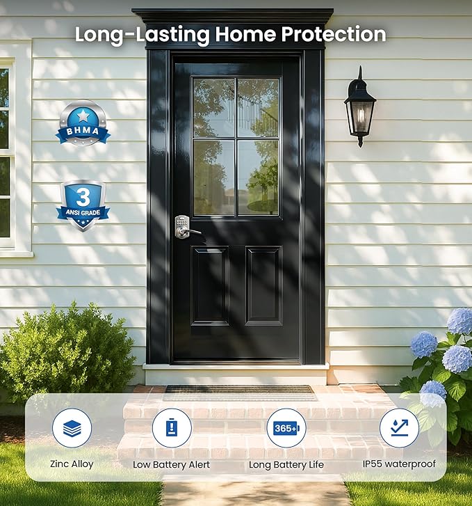 Veise Keypad Door Lock with Handle, Keyless Entry for Front Door & Bedroom, Electronic Lock with Code, Auto-Locking, Easy Installation, Passage Mode, Satin Nickel