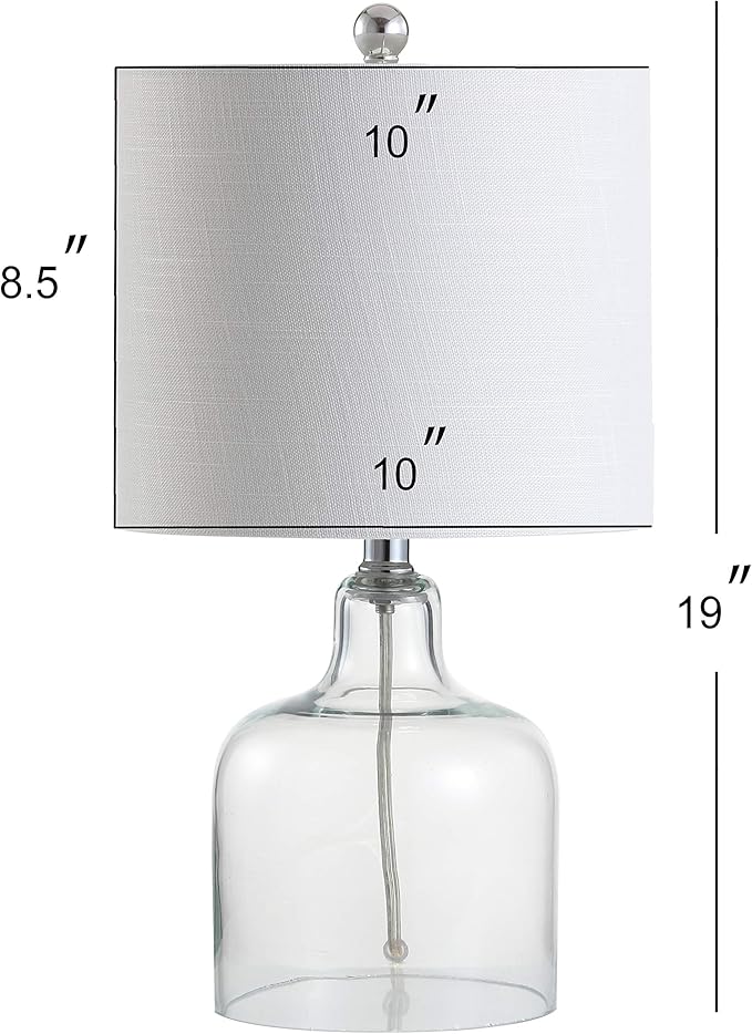 JONATHAN Y 19" Clear Glass Bell Table Lamp for Living Room Bedroom, White Linen Drum Shade, Modern Coastal Bedside Nightstand Lamp with LED Bulb, UL Listed (JYL1036C)