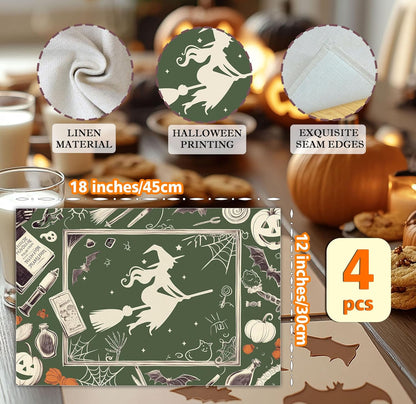 Halloween Bat Placemats Set of 4, 12x18 Inch Pumpkin Witch Table Mats, Washable Heat Resistant Place Mats for Kitchen Dining Table, Halloween Spooky Themed Decoration for Home-B10