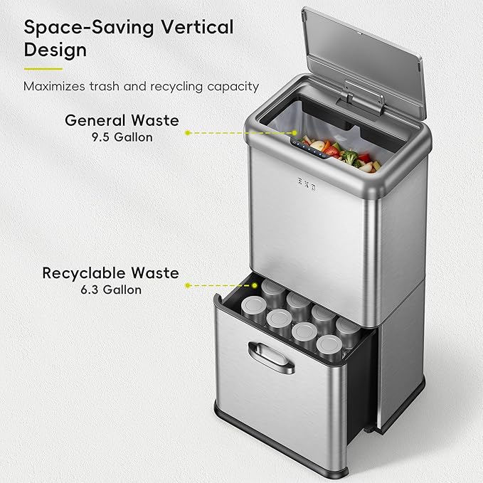 EKO Vintage 50L / 13.2 Gallon Motion Sensor Trash Can, Dual Compartment 32L + 18L Stainless Steel Kitchen Garbage Bin, Touchless Automatic Waste & Recycling Bin with Lid for Home or Office