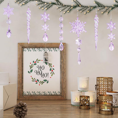 18pcs Crystal Christmas Ornaments for Christmas Tree Decorations-Purple Hanging Acrylic Snowflake and Icicle Ornaments with Drop Pendants for New Year Party Decorations Supplies