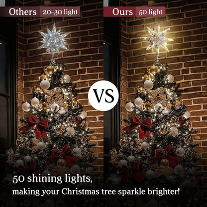 Christmas Star Tree Topper Silver, 3D Geometric Star Decorative Tree Topper with Warm White 50 LED Light Beads for Home Holiday Xmas Tradition Moravian Decor, Timer Function 5m Cable