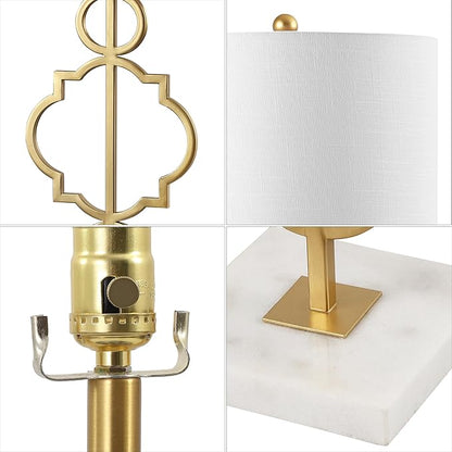 JONATHAN Y 31" Gold Modern Quatrefoil LED Table Lamp, Contemporary Metal Iron Lamp with White Marble Base and Linen Drum Shade for Living Room Bedroom, LED Bulb Included JYL3026A