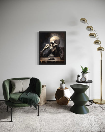 Skull Drinking Coffee Poster Art Print, Halloween Scary Vintage Wall Art Academia Spooky Painting Decoration for Horror Prints, Gothic Posters Bedroom Decor 89 (Skull Drinking Coffee, 11 x 14 inches, Unframed)