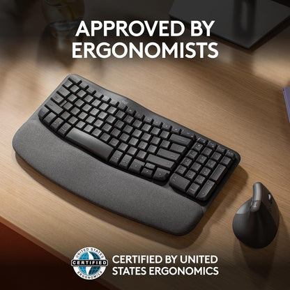 Logitech Wave Keys Wireless Ergonomic Keyboard with Cushioned Palm Rest, Comfortable Natural Typing, Easy-Switch, Bluetooth, Logi Bolt Receiver, for Multi-OS, Windows/Mac - Graphite