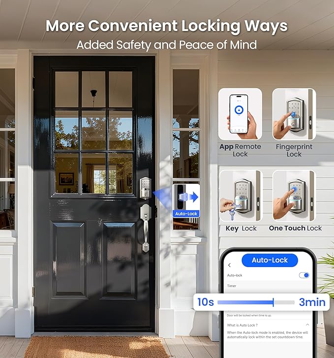 Veise VE027 Built-in Wi-Fi Smart Lock, Fingerprint Keyless Entry Front Door Lock, App Remote & Voice Control, No Hub Needed, Touchscreen Keypad Deadbolt, IP65 Waterproof, BHMA Grade 3, Satin Nickel
