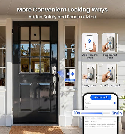 Veise VE027 Built-in Wi-Fi Smart Lock, Fingerprint Keyless Entry Front Door Lock, App Remote & Voice Control, No Hub Needed, Touchscreen Keypad Deadbolt, IP65 Waterproof, BHMA Grade 3, Satin Nickel
