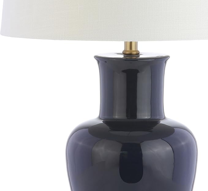 JONATHAN Y 29" Navy Traditional Ceramic Urn LED Table Lamp for Bedroom Decor, White Linen Drum Shade, Classic Nightstand Lamp for Living Room, LED Bulb Included (JYL4026B)
