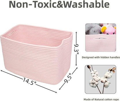 Cotton Rope storage Basket Bins Woven Basket for Organizing Shelves Rectangle Decorative Baskets For storage Clothes Toys Books Towels Square Wicker Nursery basket organizer 3 pack light pink