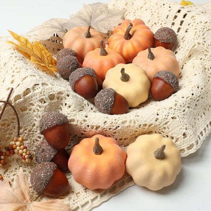 21Pcs Fake Pumpkins Fall Thanksgiving Decorations,Plastic Pumpkins with Acorns,Maple Leaves,Artificial Mini Pumpkin Decorating Autumn Harvest Outdoor Indoor Home Decor Centerpiece Table Decorations