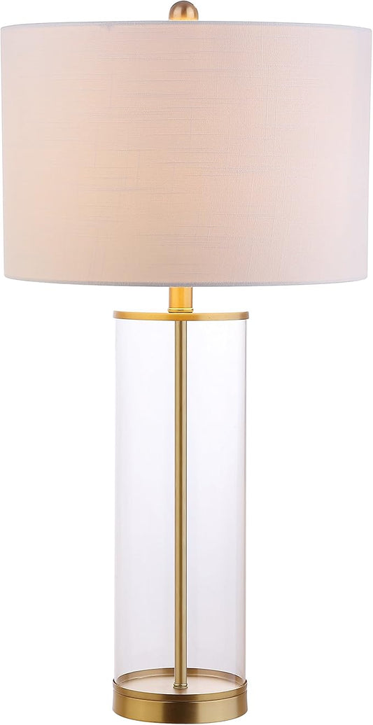JONATHAN Y 29" Clear/Brass Gold Modern Glass Table Lamp for Living Room Bedroom, Minimalist Nightstand Bedside Lamp, White Linen Drum Shade, LED Bulb Included (JYL2005A)