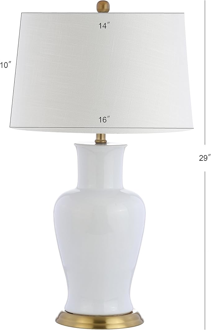 JONATHAN Y 29" White/Gold Traditional Ceramic Urn LED Table Lamp for Bedroom Decor, White Linen Drum Shade, Classic Nightstand Lamp for Living Room, LED Bulb Included JYL4026A