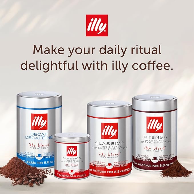 illy Ground Espresso Coffee, Classico Medium Roast, 100% Arabica, Premium Italian Coffee, Pre-Ground for Espresso Machines, 8.8oz, 12 Pack