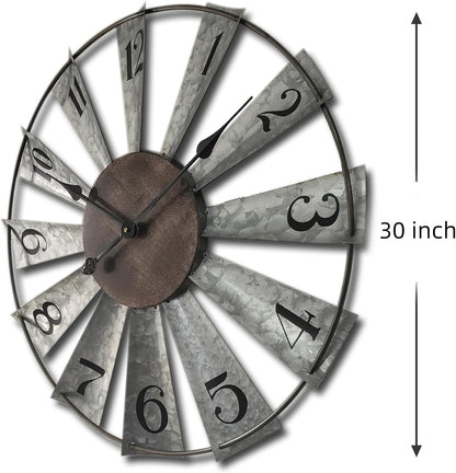 Mrocioa 30inch Windmill Distressed Metal Wall Clocks Rustic Large Decorative Clock Oversized Farmhouse Decor,Non Ticking,Battery Operated