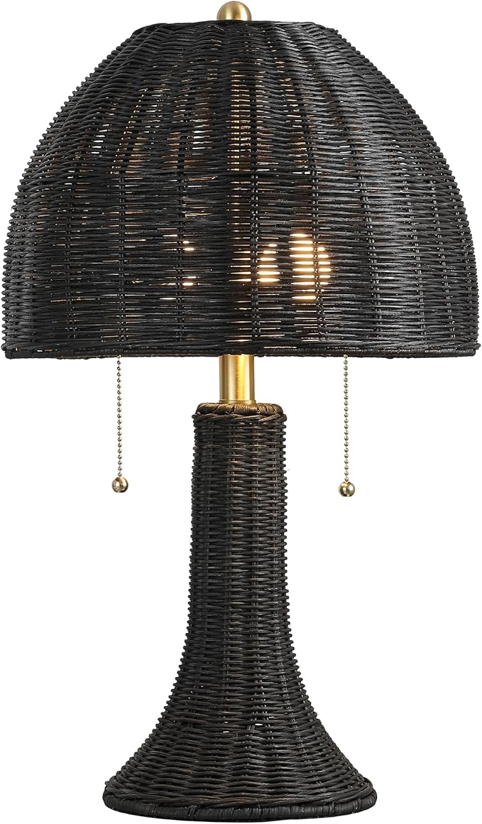 JONATHAN Y 22" Black/Brass Gold Bohemian Rustic LED Table Lamp for Bedroom, Natural Rattan Shade, Farmhouse Coastal Nightstand Lamp for Living Room, LED Bulbs Included (JYL4040D)