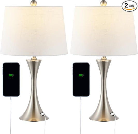 JONATHAN Y 22.75" Nickel Modern Hourglass LED Table Lamp Set of 2 with USB Port, Metal Bedside Lamps for Living Room Bedroom, White Linen Shade (JYL6621B-SET2)